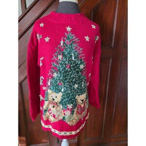 Vintage Casual Corner Red Christmas Sweater Bears & Tree Design M Ramie Cotton W